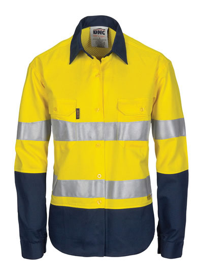 3749 Hi Vis Ladies 3-Way Cool-Breeze Cotton Shirt with Gusset Sleeve, 3M R/Tape - Long Sleeve