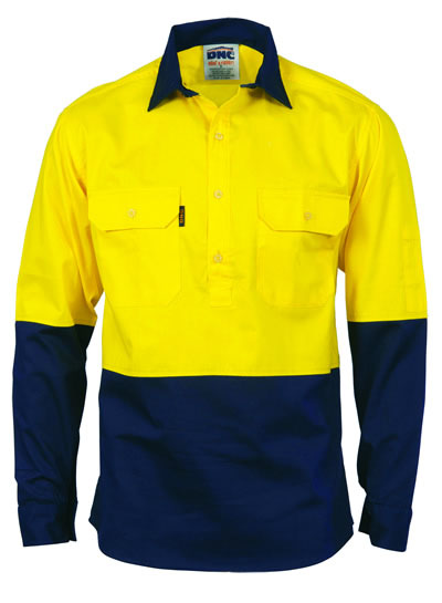 3834 Hi Vis Two Tone Close Front Cotton Drill Shirt - Long Sleeve Gusset Sleeve